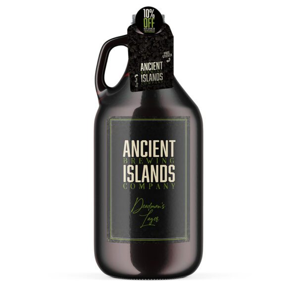 Ancient Brewing Islands Company Growler of Deadman's Lager, featuring a bottle talker with a discount.